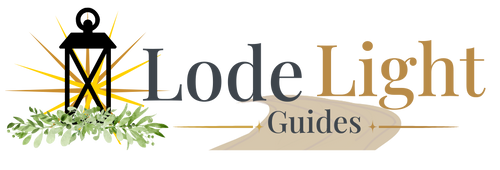 Logo for Lode Light Guides showing a pathway ahead and a lantern with foliage design