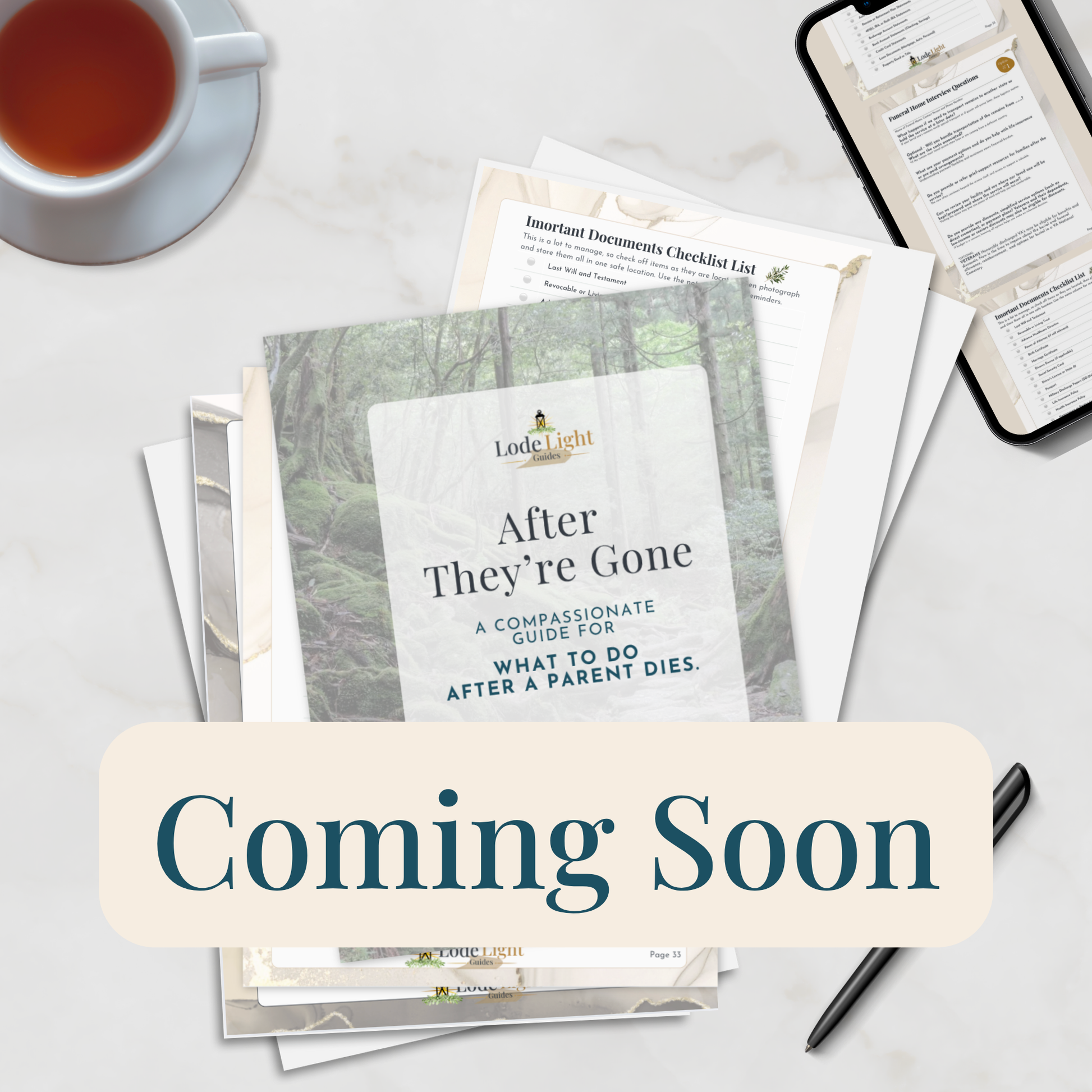 Ebook about what to do after a parent dies printed out on a table with a coming soon label.