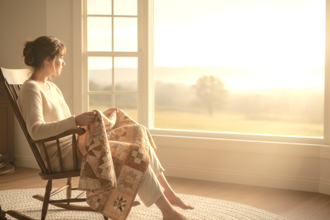 Woman sitting in a rocking chair by a window holding a handmade quilt after her parents passed away