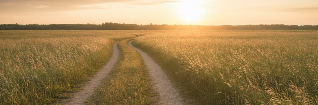 Winding dirt path through a grassy field with the sun setting in the background