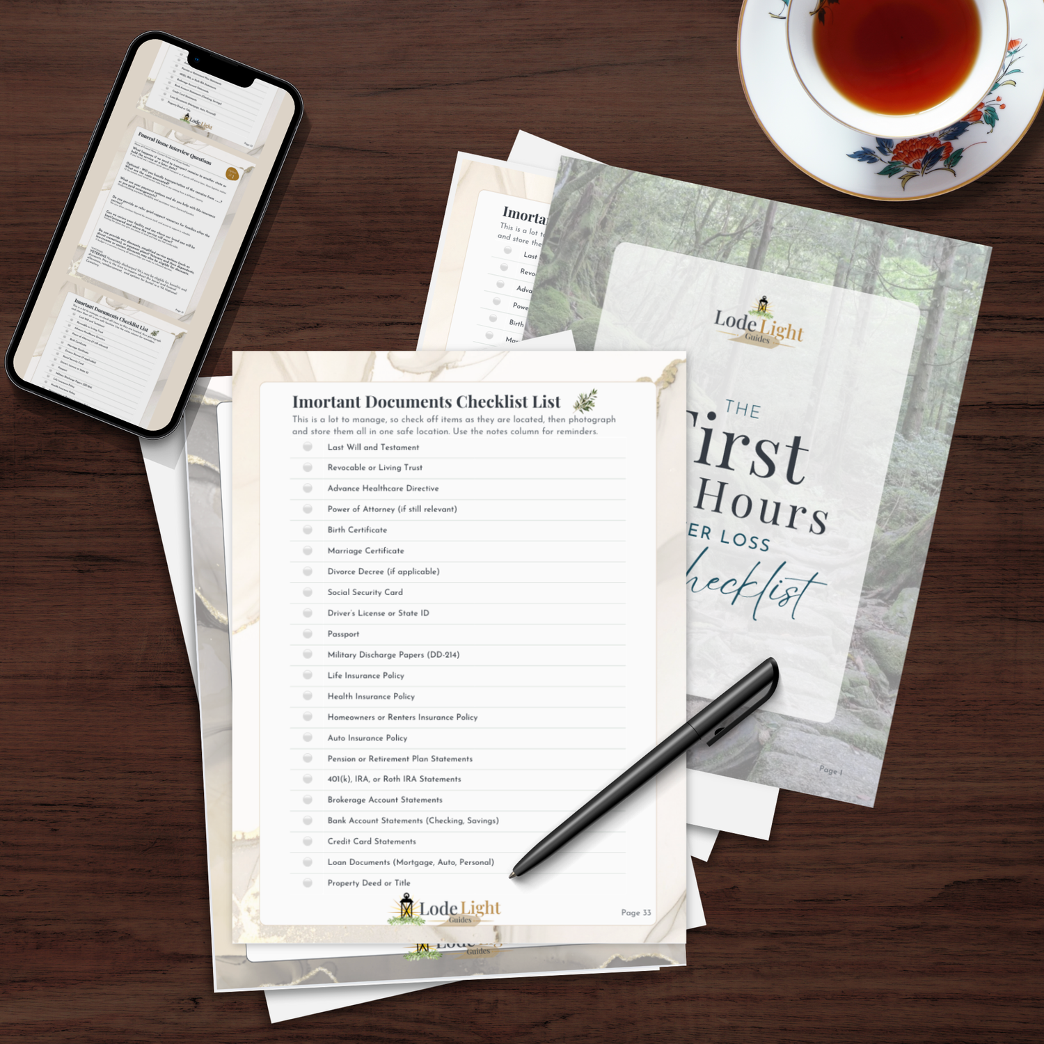 Step by step guide for what to do after a parent dies with checklists and a pen on a wooden surface with a phone and tea cup in the background.